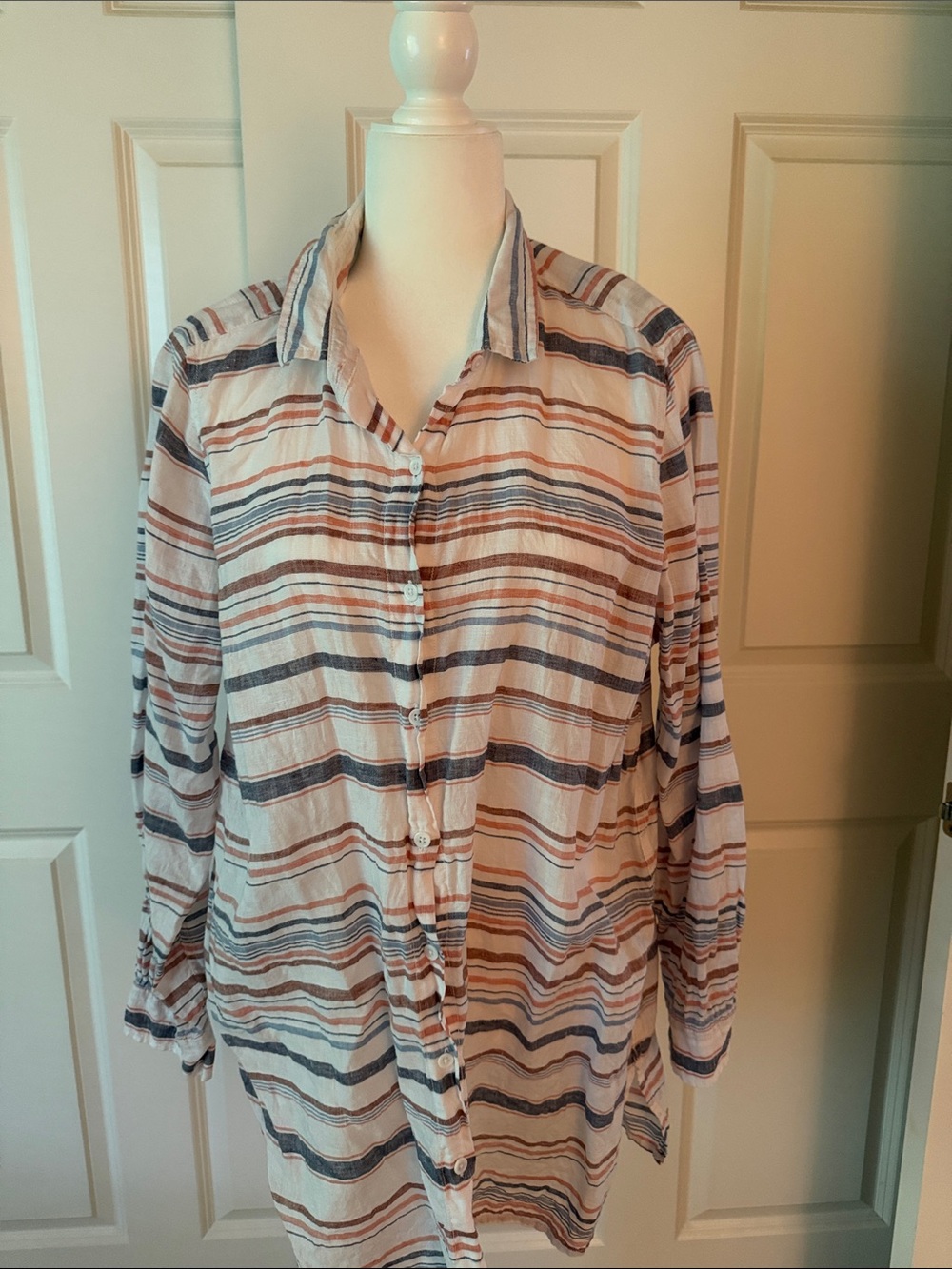 Garnet Hill Striped Button-Front Shirt - White, Blue & Brown